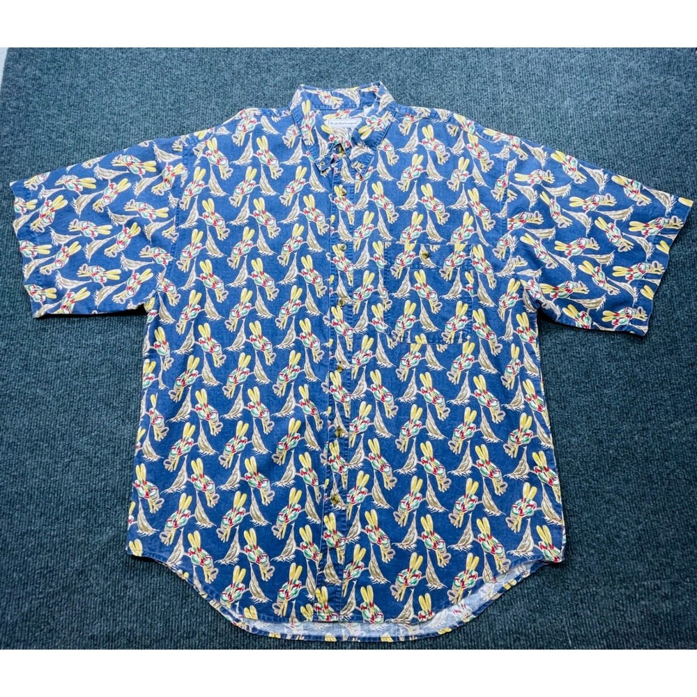 Bugle Boy Vintage 90s Short Sleeve Button Down Shirt XL Blue Abstract Print - Picture 2 of 4